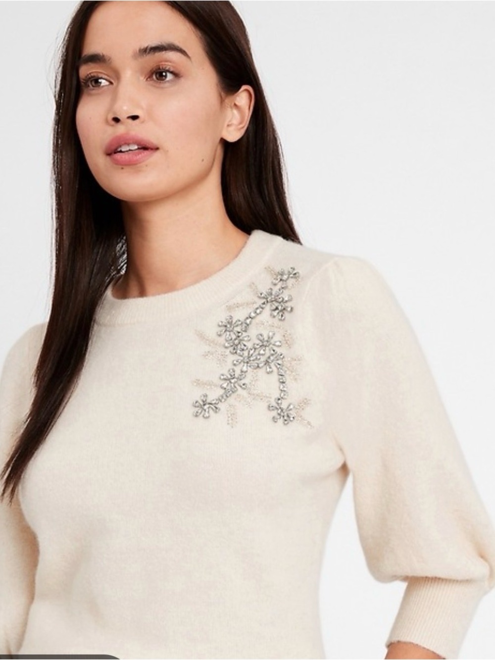 Banana Republic Cream Embellished Crewneck Sweater